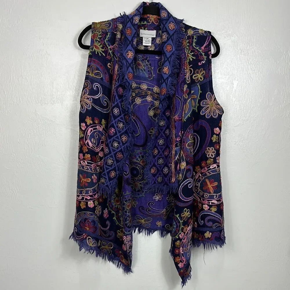 Soft Surroundings Boho Wool Colorful Paisley Floral Embroidered Vest Size S/M